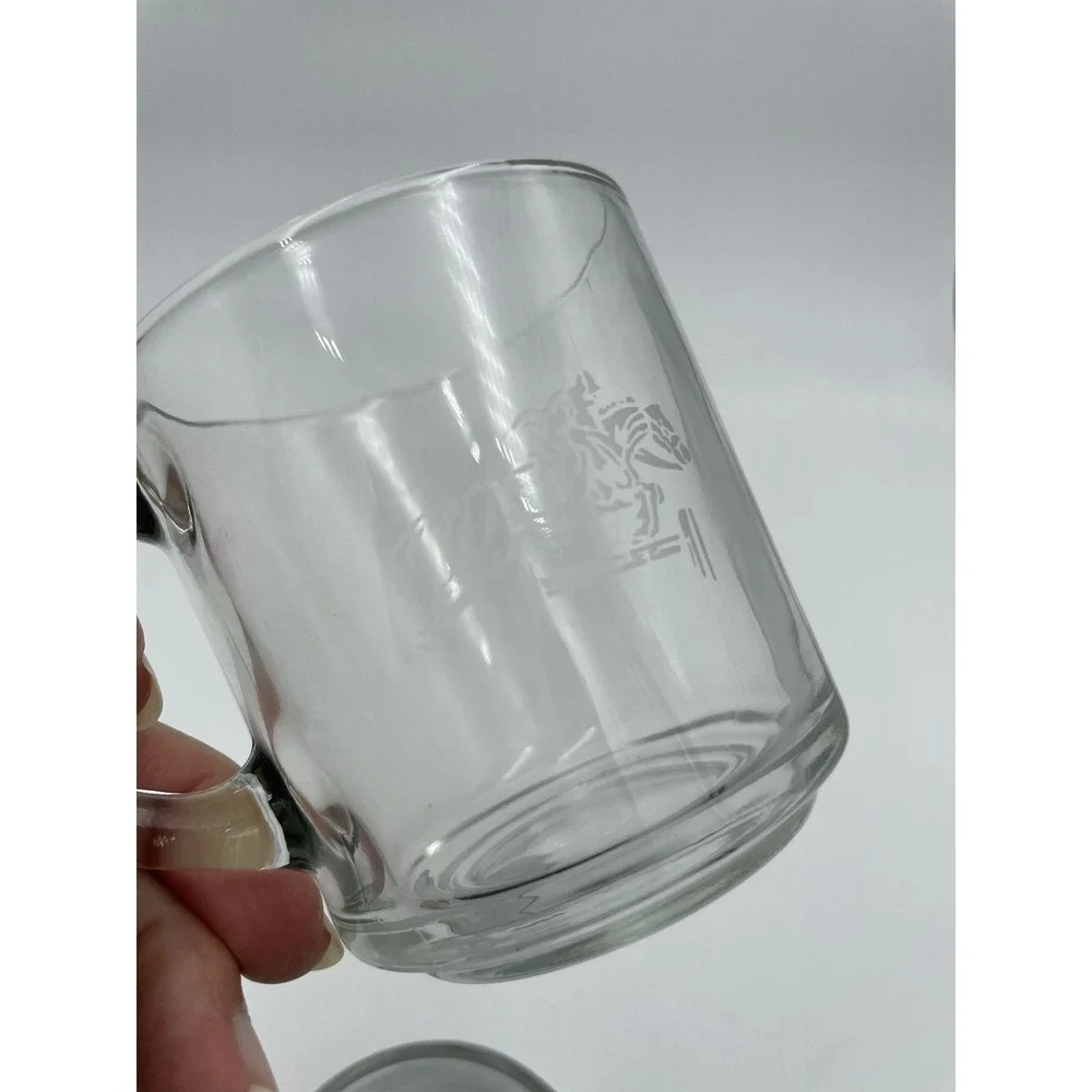 Vtg Set 3 Anchor‎ Hocking USA Glass Polo Horse Etched Equestrian Coffee Mug Cups